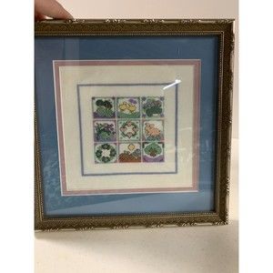 Cross Stitch Picture From 1990's Beautiful Stitching & Frame Bunny Hearts Ducks